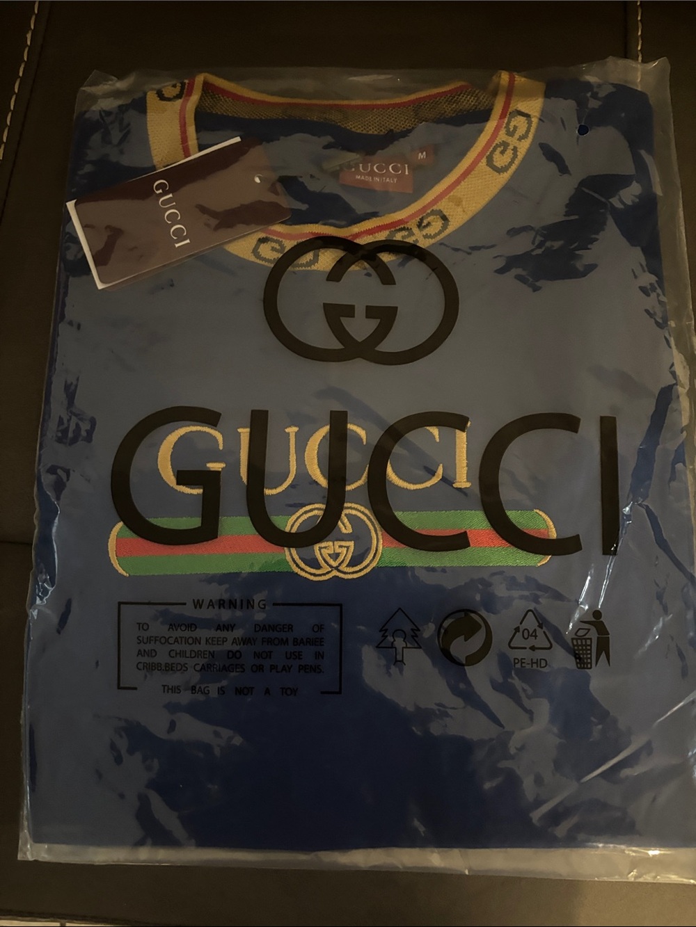 Gucci Blue Logo Short Sleeve Tee with Red-Green Stripe